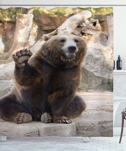 Friendly Animal Waving Paw Shower Curtain With Bear Print, Perfect For Rustic Bathroom Decor