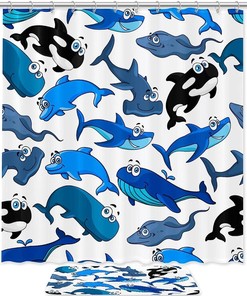 Friendly Cartoon Sharks Dolphin Waterproof Shower Curtain For Kids Bathroom Decor