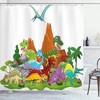 Friendly Dinosaurs In Cartoon Style And Landscape Trees And Mountain Shower Curtain - Cloth Fabric Bathroom Decors