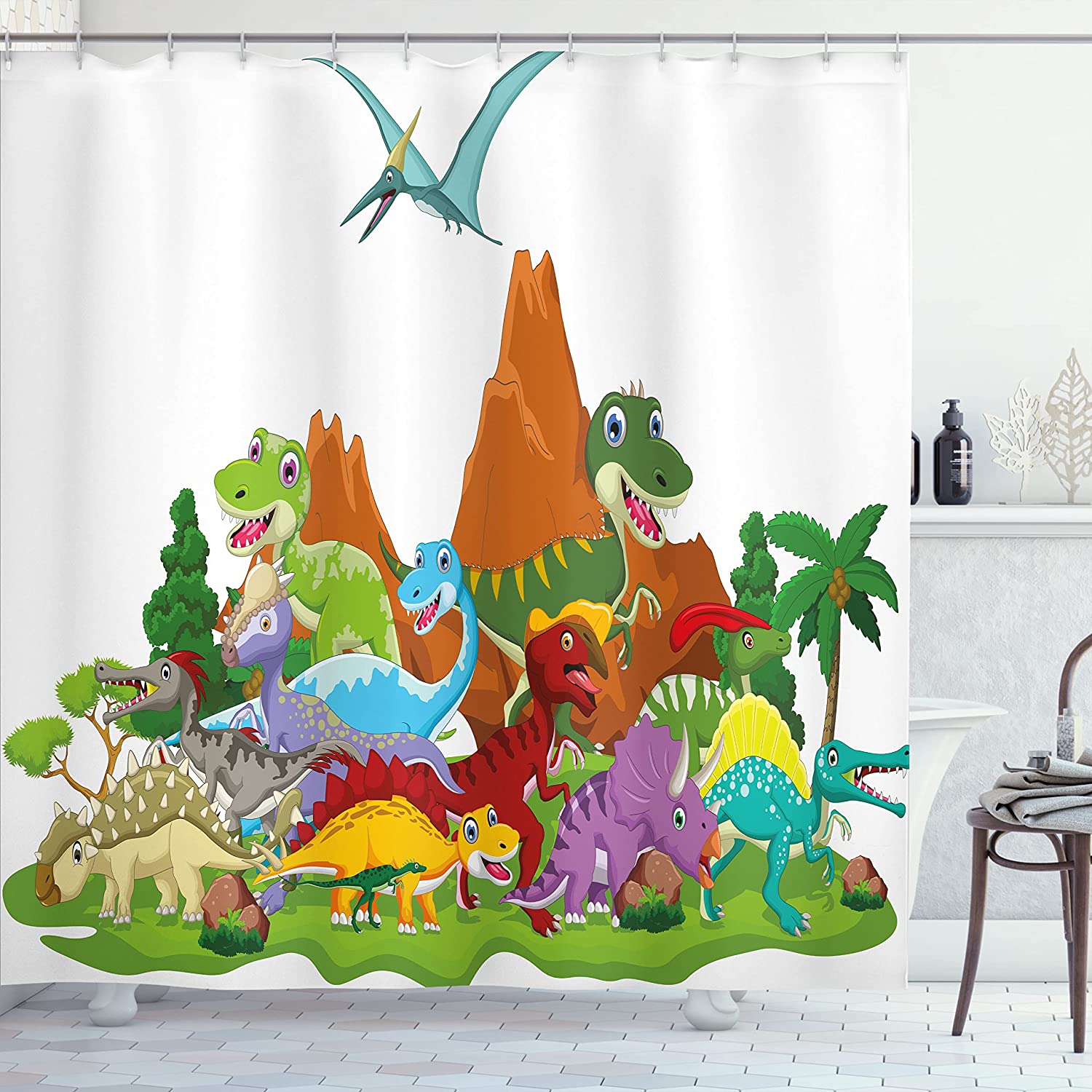 Friendly Dinosaurs In Cartoon Style And Landscape Trees And Mountain Shower Curtain - Cloth Fabric Bathroom Decors
