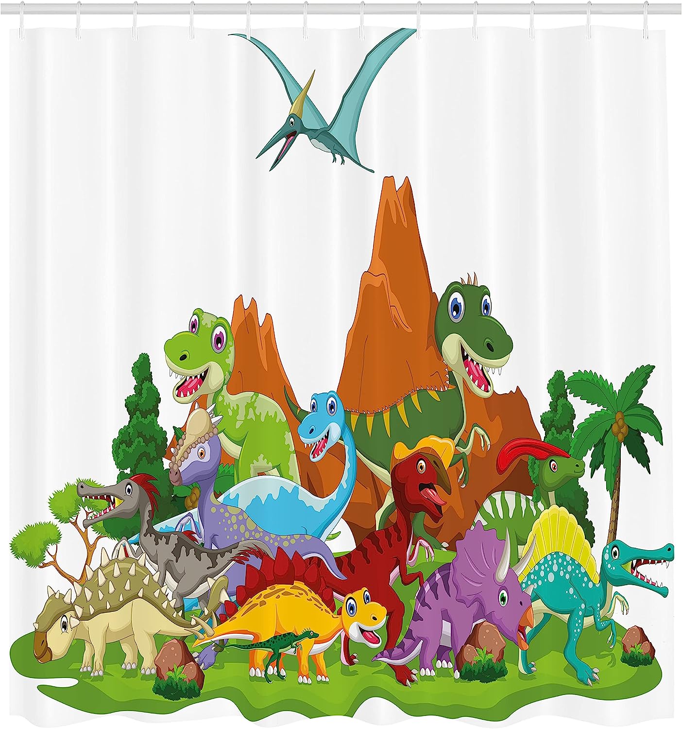 Friendly Dinosaurs In Cartoon Style And Landscape Trees And Mountain Shower Curtain - Cloth Fabric Bathroom Decors - Image 2