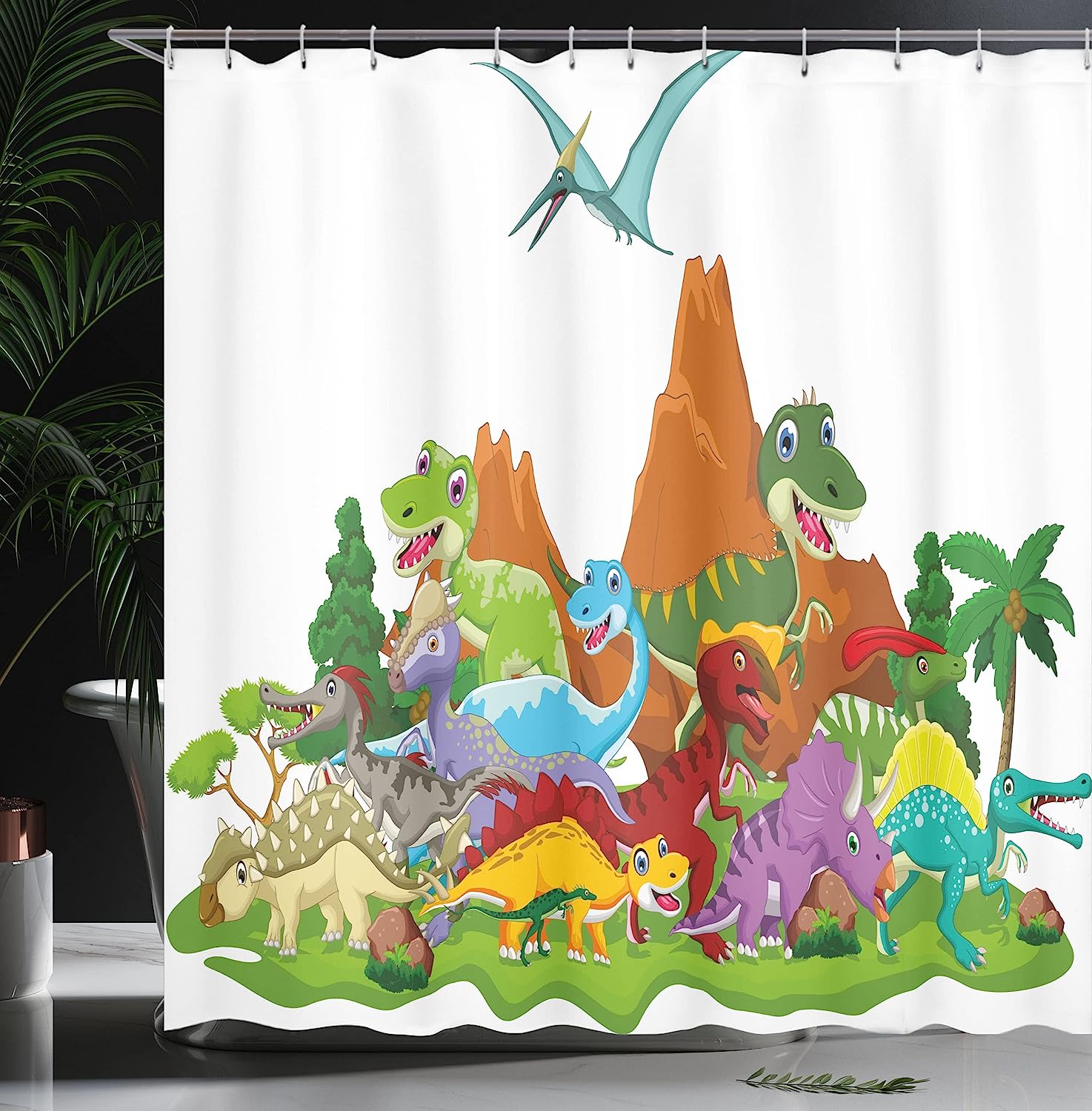 Friendly Dinosaurs In Cartoon Style And Landscape Trees And Mountain Shower Curtain - Cloth Fabric Bathroom Decors - Image 3
