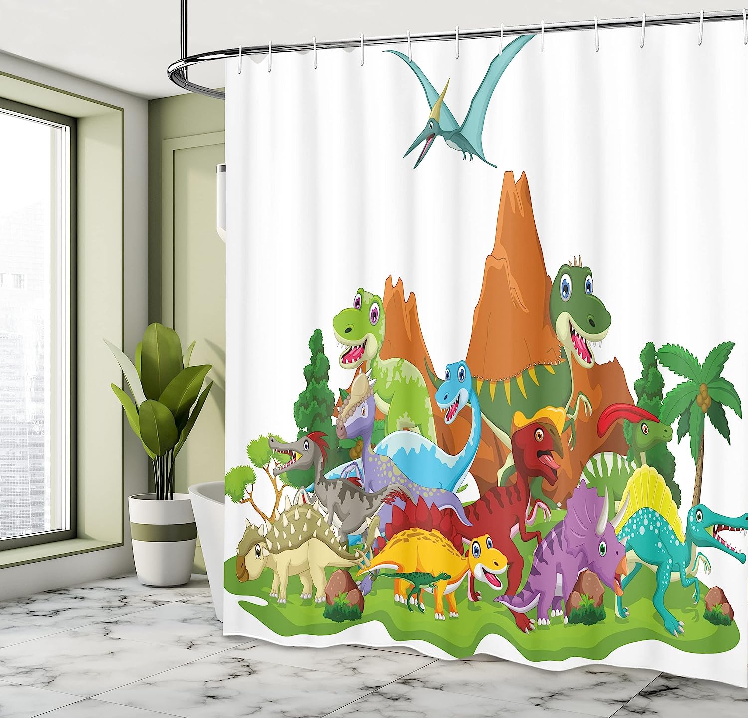 Friendly Dinosaurs In Cartoon Style And Landscape Trees And Mountain Shower Curtain - Cloth Fabric Bathroom Decors - Image 4