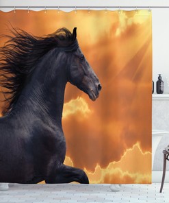 Frisian Horse Portrait Shower Curtain with Warm Hot Sun Rays 