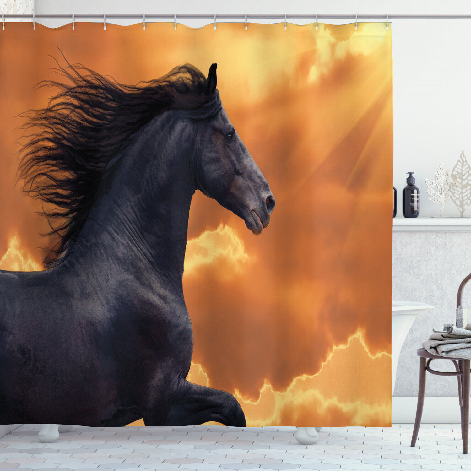 Frisian Horse Portrait Shower Curtain with Warm Hot Sun Rays
