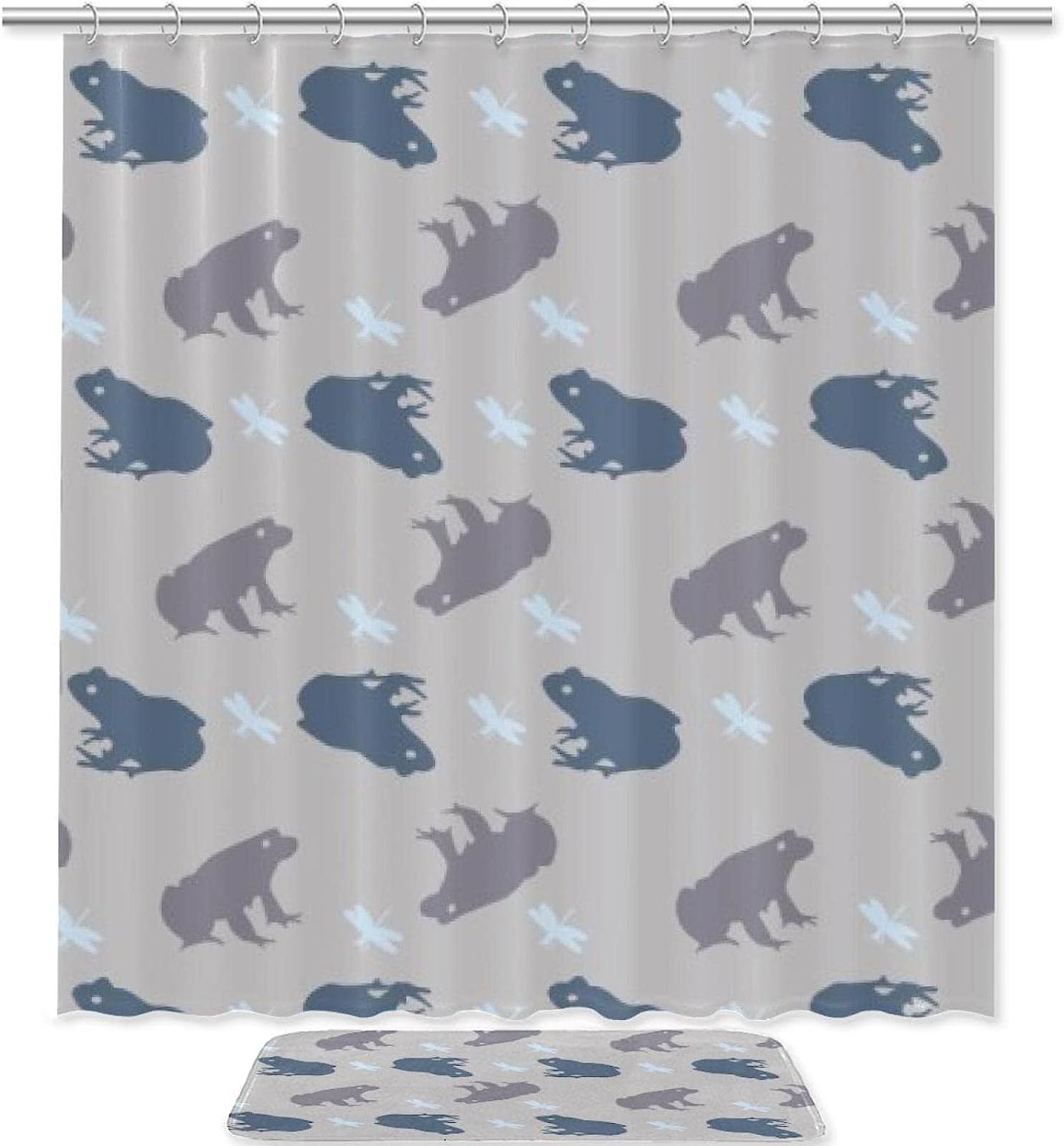 Frog And Dragonfly Silhouettes Restroom Shower Curtain - Simple Nature-Inspired Design
