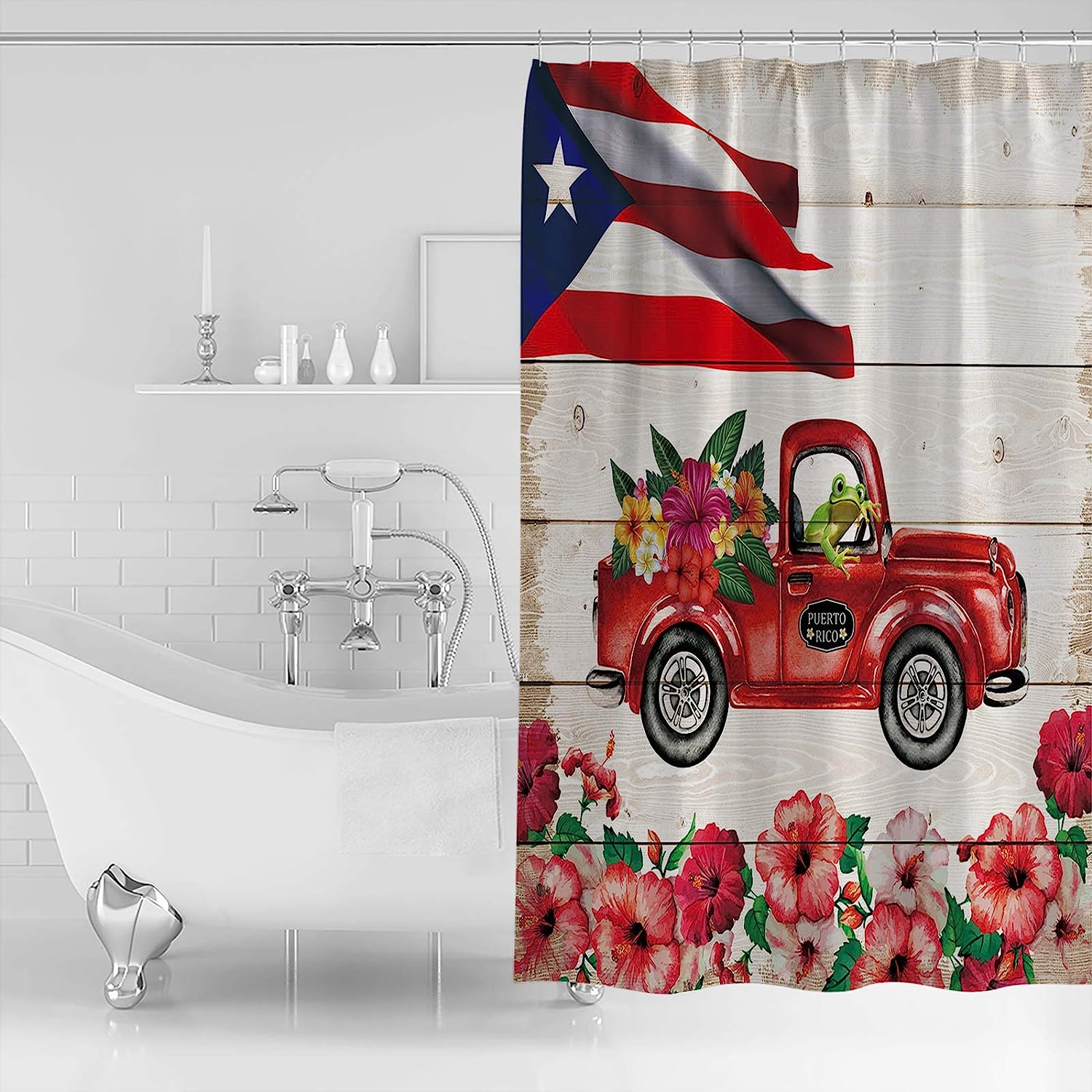 Frog Hibiscus Shower Curtain | Flag Truck Home Bathroom Decor - Image 2