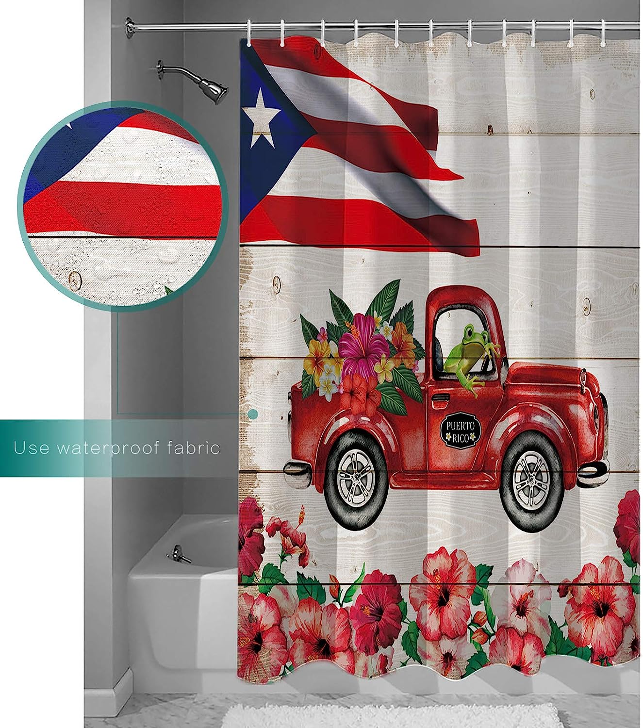 Frog Hibiscus Shower Curtain | Flag Truck Home Bathroom Decor - Image 3