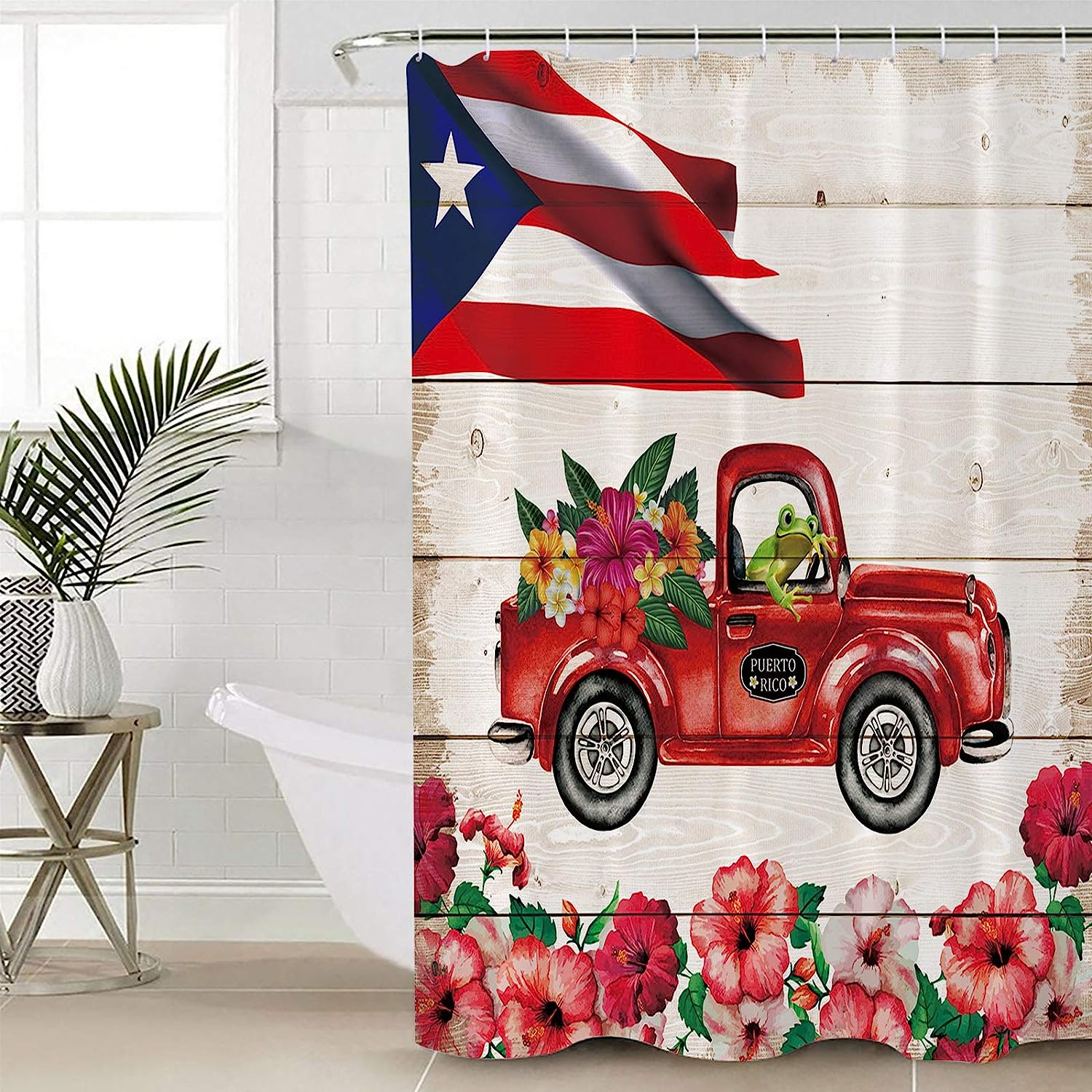 Frog Hibiscus Shower Curtain | Flag Truck Home Bathroom Decor - Image 4