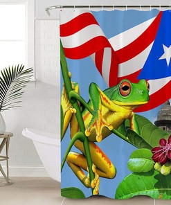 Frog Puerto Rico Flag Coconut Tree Shower Curtain, Island Bathroom Decor