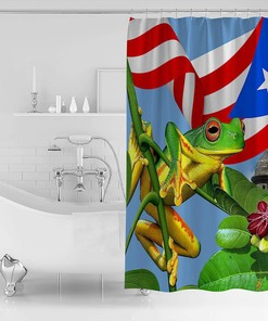 Frog Puerto Rico Flag Coconut Tree Shower Curtain, Island Bathroom Decor