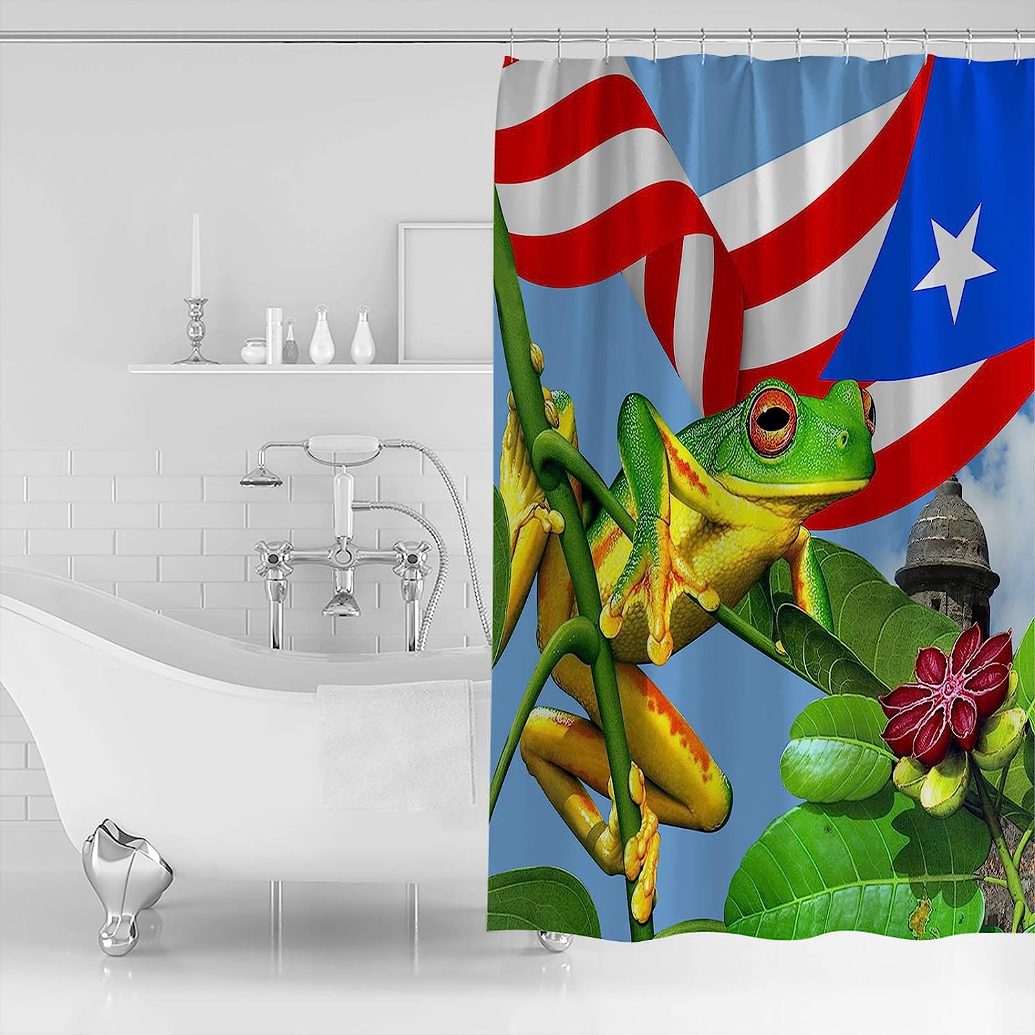 Frog Puerto Rico Flag Coconut Tree Shower Curtain, Island Bathroom Decor