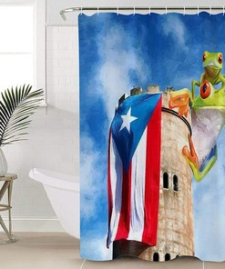 Frog Puerto Rico Flag Lighthouse Oil Painting Shower Curtain, Tropical Bathroom Decor