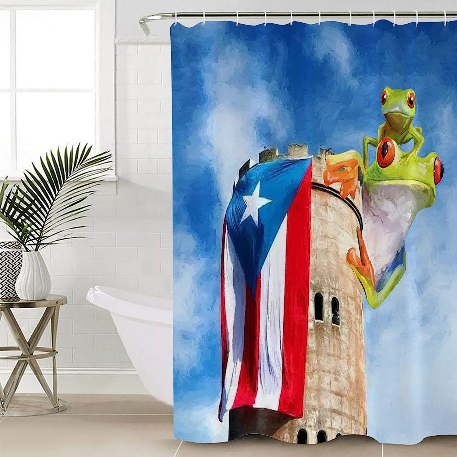 Frog Puerto Rico Flag Lighthouse Oil Painting Shower Curtain, Tropical Bathroom Decor
