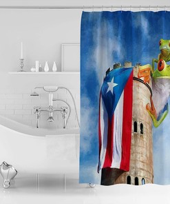 Frog Puerto Rico Flag Lighthouse Oil Painting Shower Curtain, Tropical Bathroom Decor