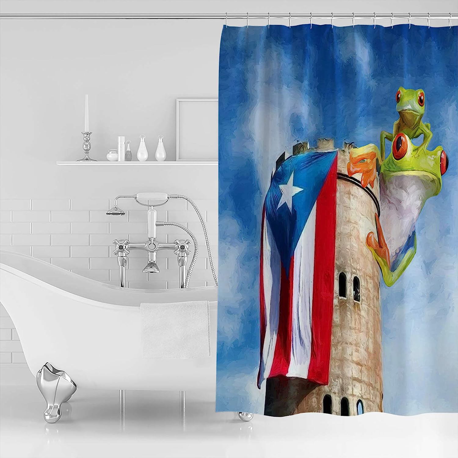 Frog Puerto Rico Flag Lighthouse Oil Painting Shower Curtain, Tropical Bathroom Decor