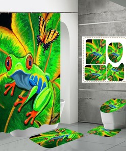 Frog and Plantain Leaf Print Waterproof Shower Curtain Set for a Whimsical Bathroom