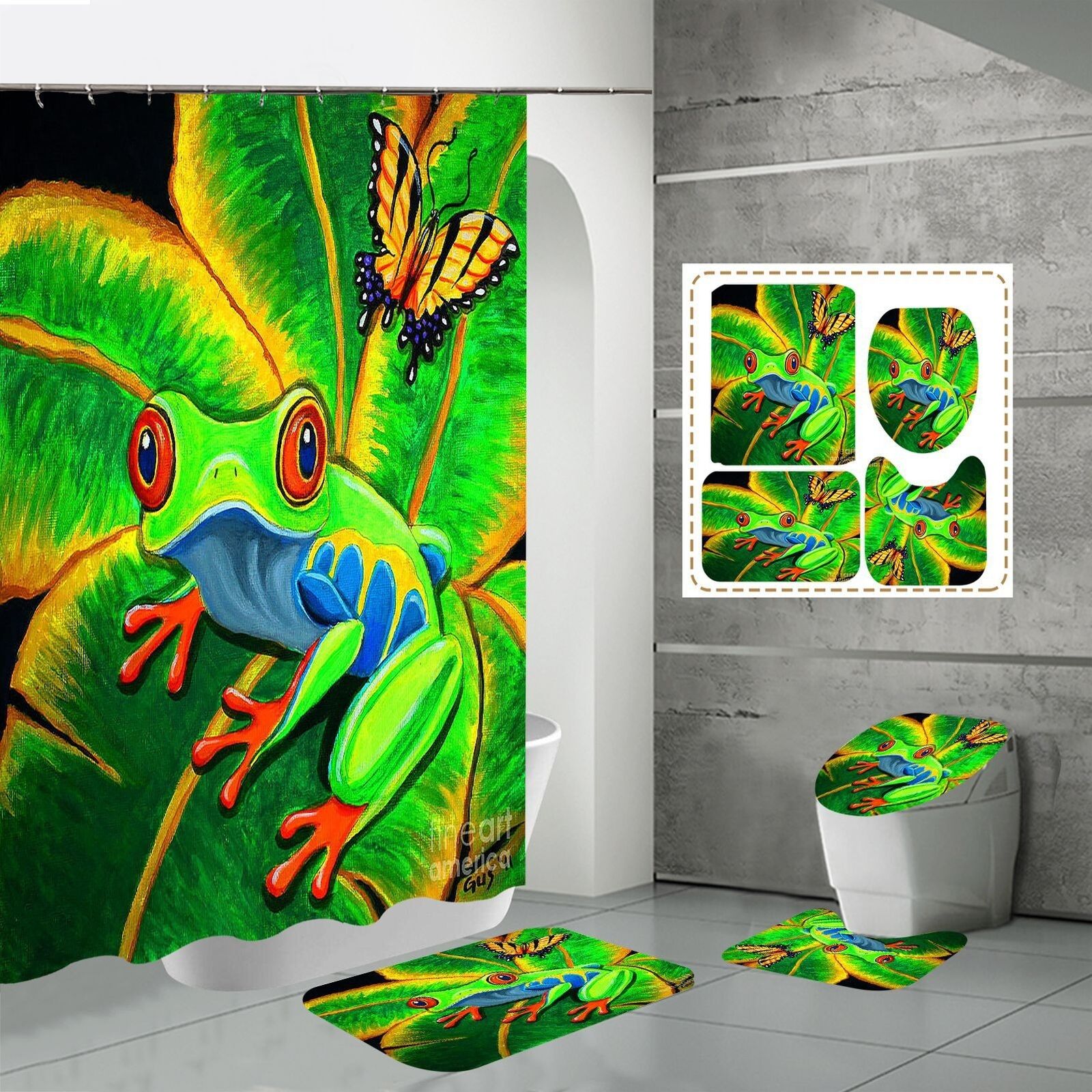 Frog and Plantain Leaf Print Waterproof Shower Curtain Set for a Whimsical Bathroom