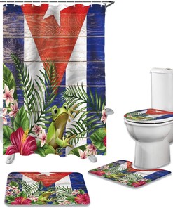 Frog in Flower Puerto Rico Flag Vintage Bathroom Shower Curtains