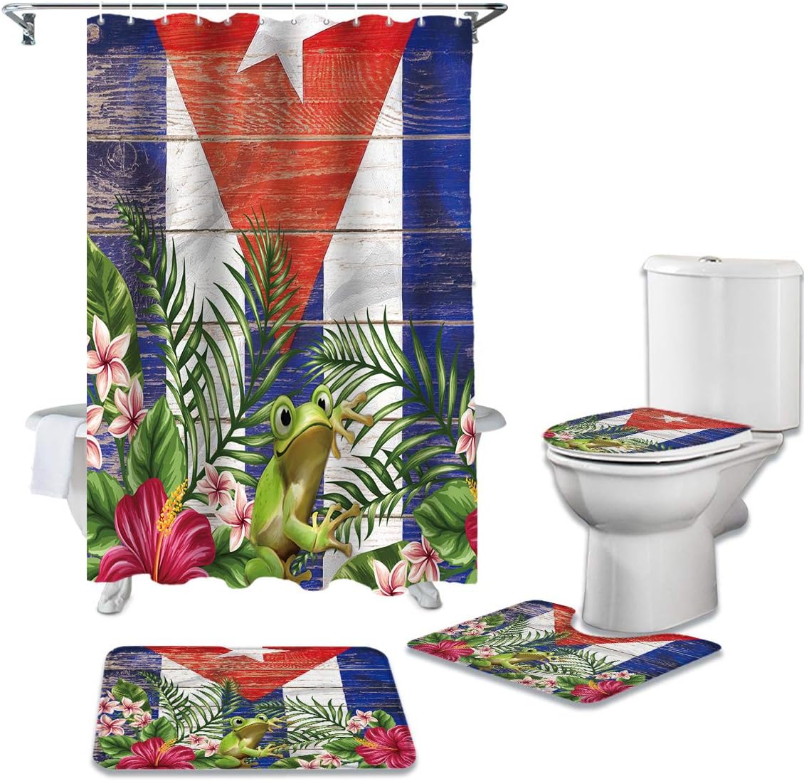 Frog in Flower Puerto Rico Flag Vintage Bathroom Shower Curtains