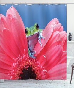 Frog on Gabera Flower Print Shower Curtain for a Cute and Playful Bathroom Decor