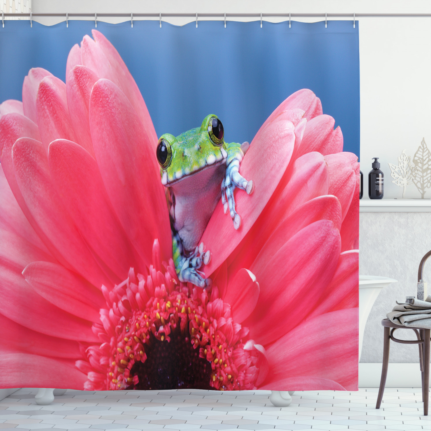 Frog on Gabera Flower Print Shower Curtain for a Cute and Playful Bathroom Decor
