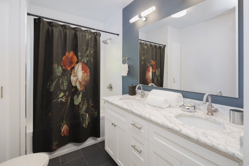 Fruit Shower Curtain - Rustic Black Bathroom Decor With Lemon And Vintage Fruit Designs - Image 2