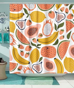 Fruit Shower Curtain - Tropical Lemon, Watermelon, Strawberry, Banana, and Papaya Set for Kids Bathroom Decor