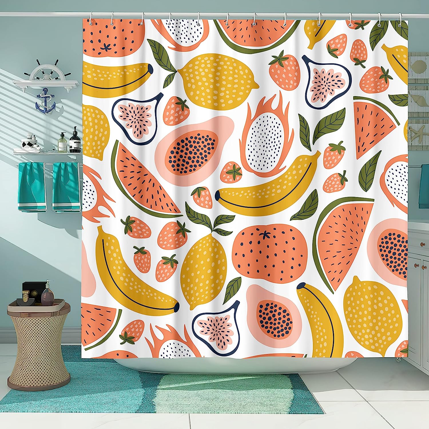 Fruit Shower Curtain - Tropical Lemon, Watermelon, Strawberry, Banana, and Papaya Set for Kids Bathroom Decor
