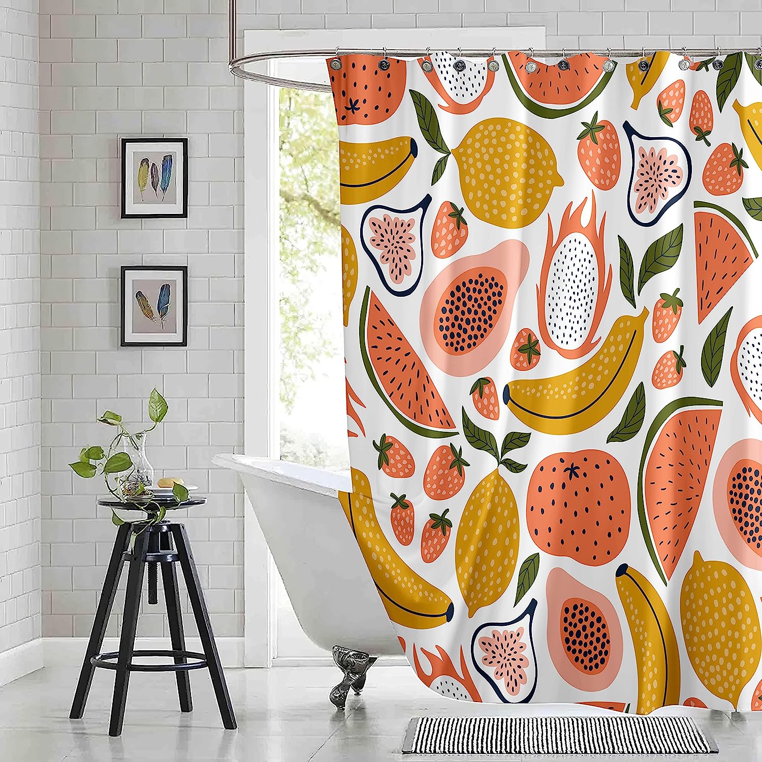 Fruit Shower Curtain - Tropical Lemon, Watermelon, Strawberry, Banana, and Papaya Set for Kids Bathroom Decor