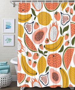 Fruit Shower Curtain - Tropical Lemon, Watermelon, Strawberry, Banana, and Papaya Set for Kids Bathroom Decor