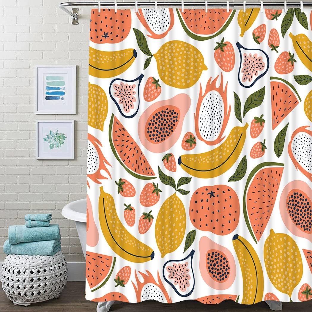 Fruit Shower Curtain - Tropical Lemon, Watermelon, Strawberry, Banana, and Papaya Set for Kids Bathroom Decor
