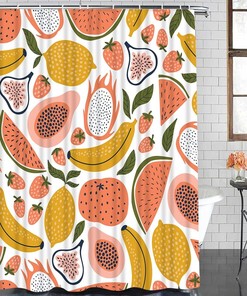 Fruit Shower Curtain - Tropical Lemon, Watermelon, Strawberry, Banana, and Papaya Set for Kids Bathroom Decor