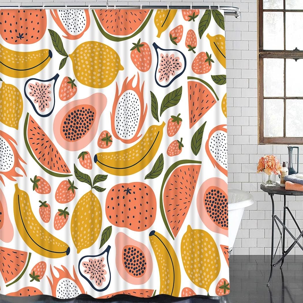 Fruit Shower Curtain - Tropical Lemon, Watermelon, Strawberry, Banana, and Papaya Set for Kids Bathroom Decor