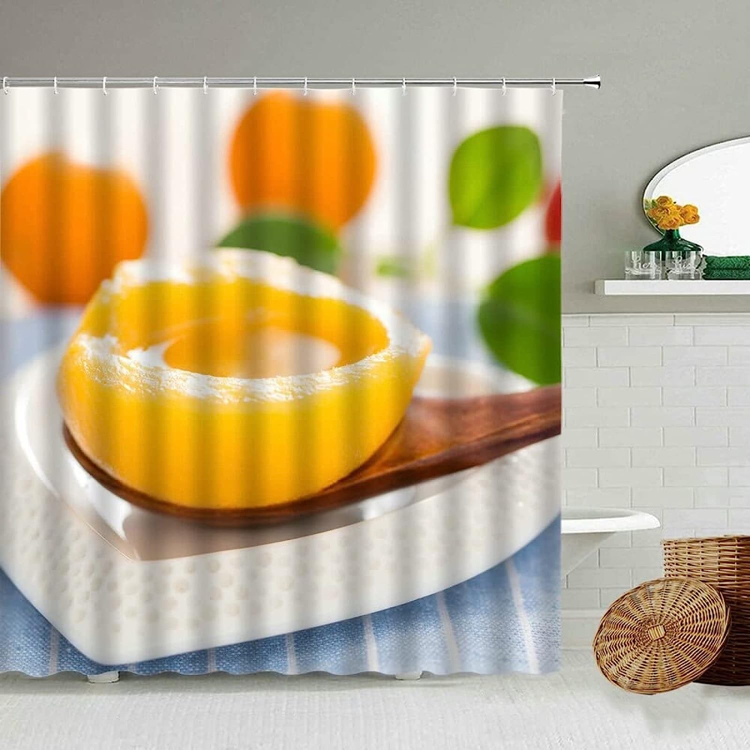 Fruit Theme Yellow Peach Shower Curtain with Printed Pattern for a Fresh and Fun Bathroom
