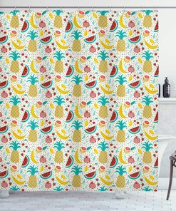 Fruits Abstract Graphic Kitchen Cafe Shower Curtain, Banana Pomegranate Pineapple Watermelon Lemo