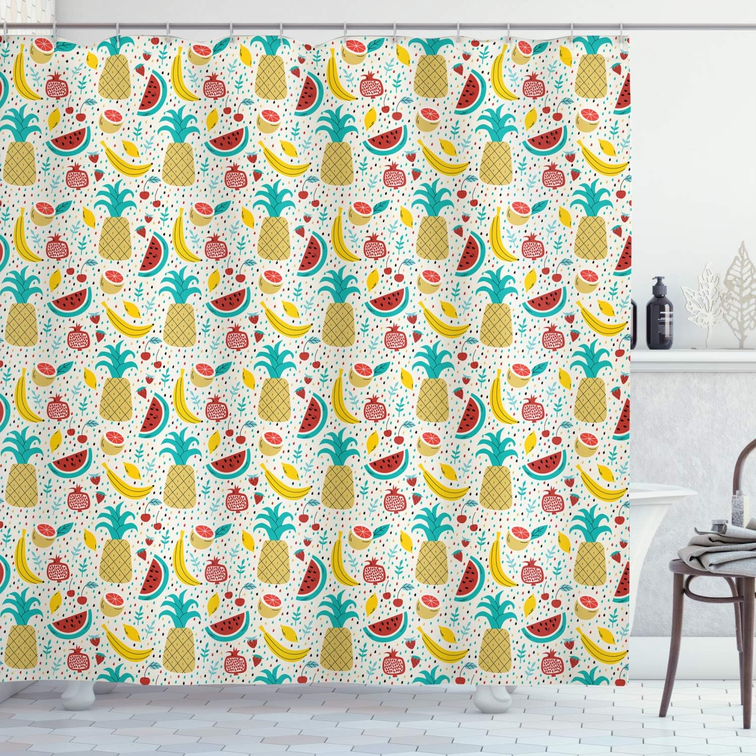 Fruits Abstract Graphic Kitchen Cafe Shower Curtain, Banana Pomegranate Pineapple Watermelon Lemo
