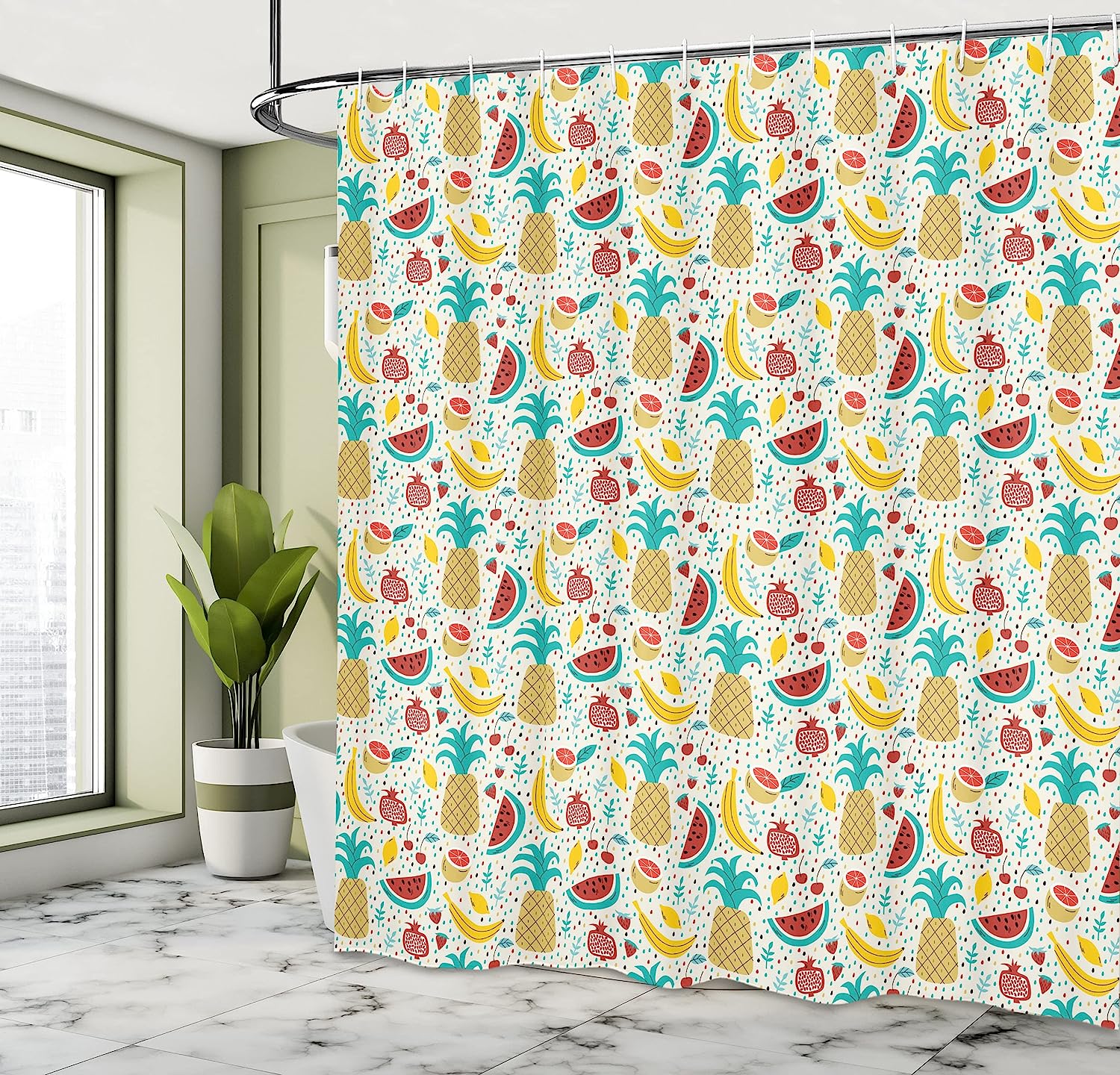 Fruits Abstract Graphic Kitchen Cafe Shower Curtain, Banana Pomegranate Pineapple Watermelon Lemo - Image 4