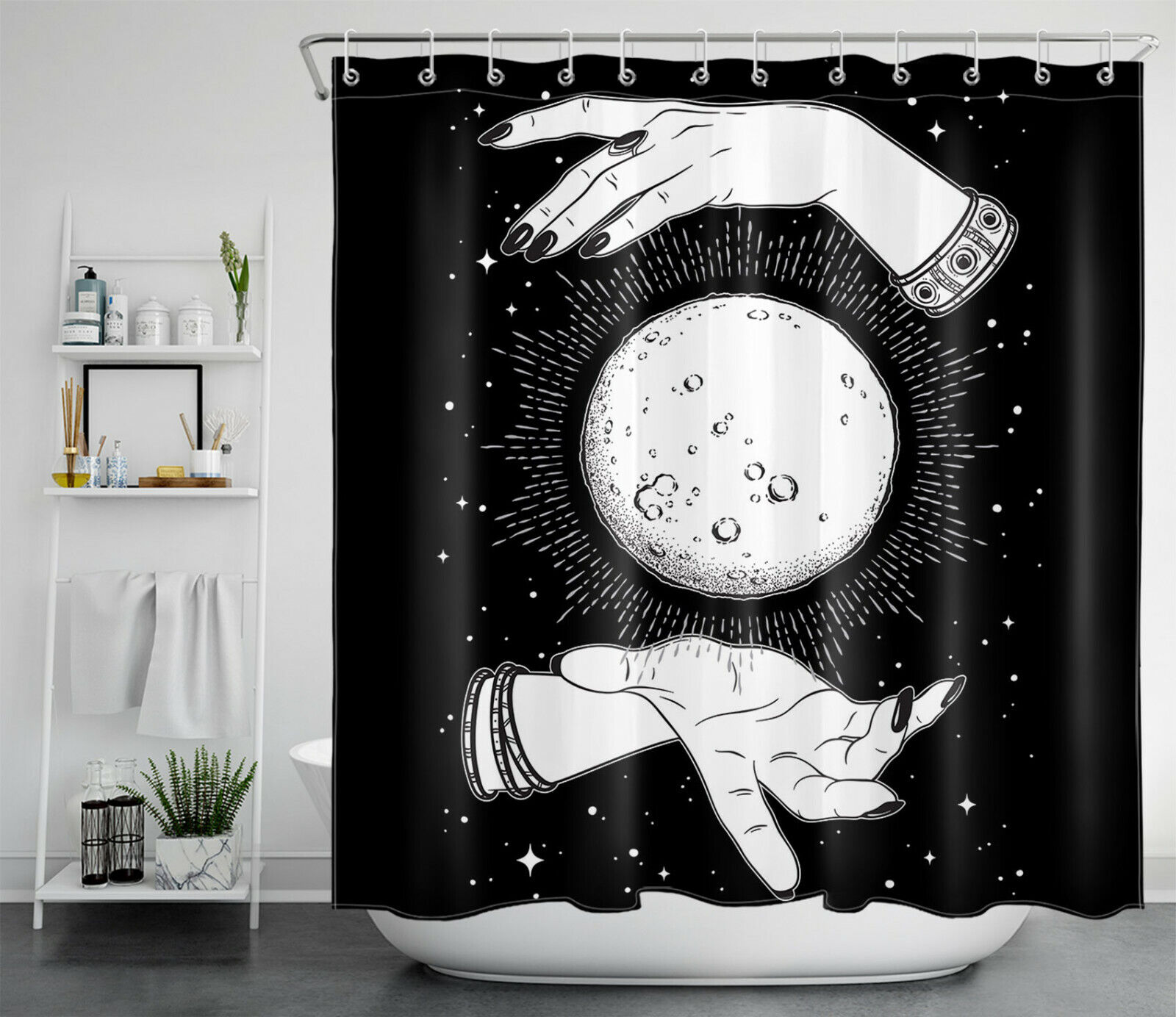 Full Moon And Prophet Hands Boho Shower Curtain For Bathroom - Image 2