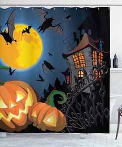 Full Moon And Pumpkins On Halloween Waterproof Shower Curtain Bathroom Decor