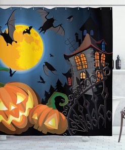 Full Moon And Pumpkins On Halloween Waterproof Shower Curtain Bathroom Decor