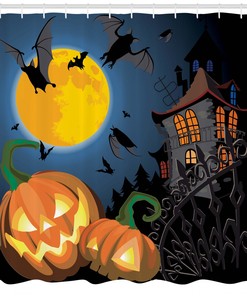 Full Moon And Pumpkins On Halloween Waterproof Shower Curtain Bathroom Decor