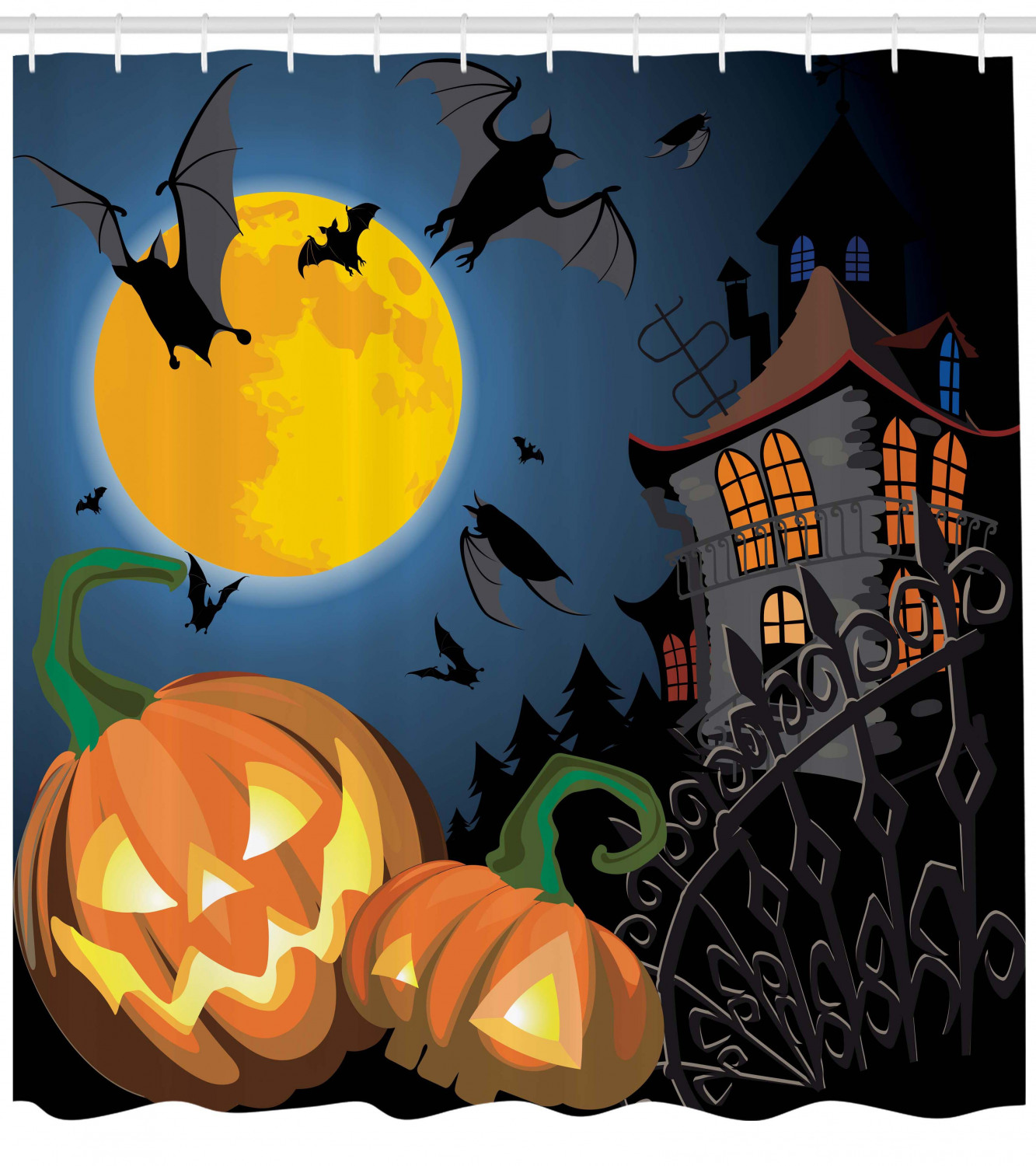 Full Moon And Pumpkins On Halloween Waterproof Shower Curtain Bathroom Decor