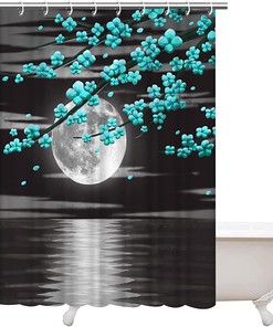 Full Moon And Turquoise Flower Ocean Shower Curtain, Machine Washable Fabric,