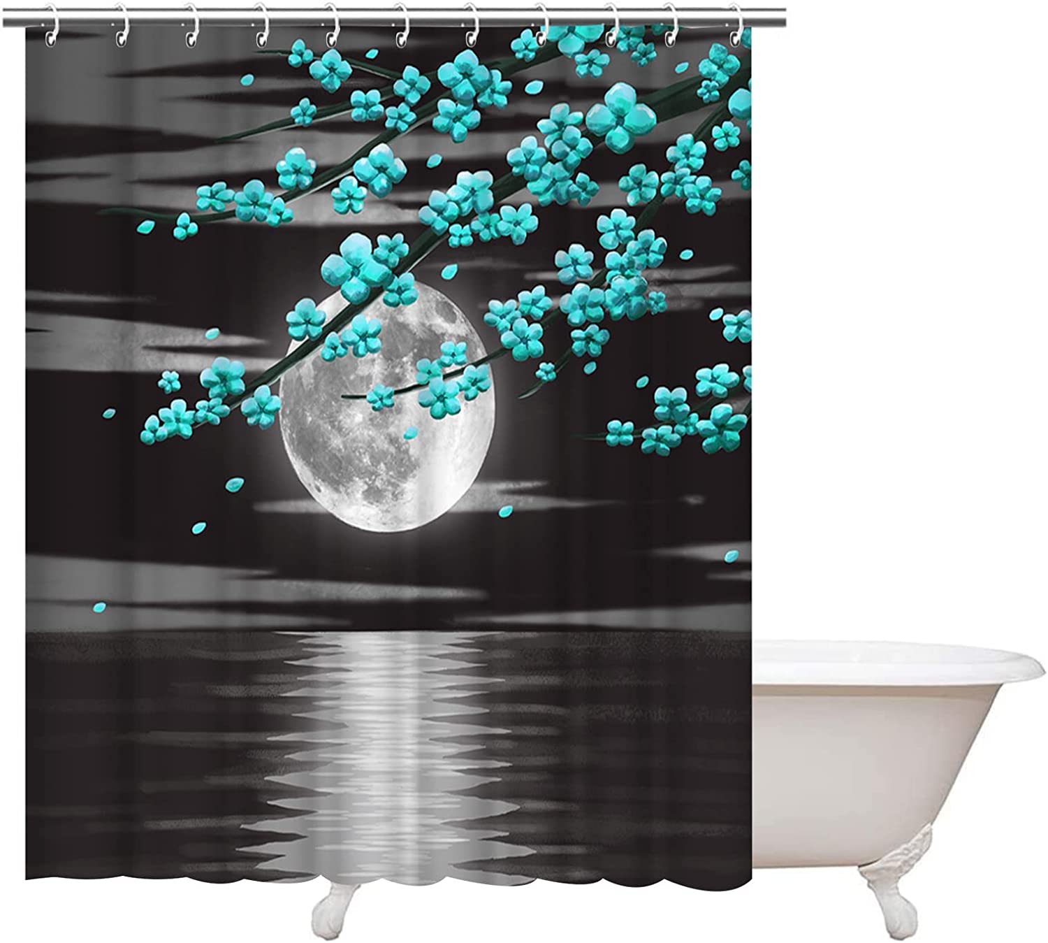 Full Moon And Turquoise Flower Ocean Shower Curtain, Machine Washable Fabric,