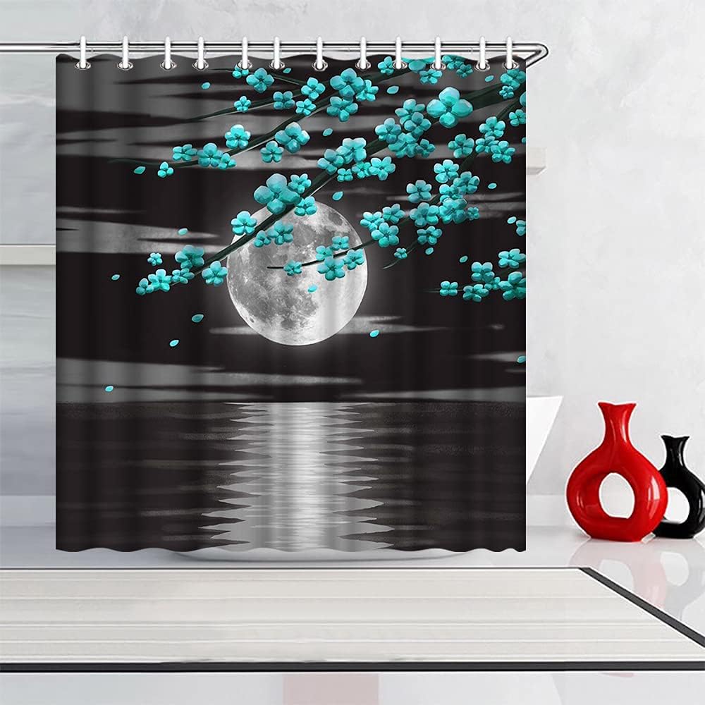 Full Moon And Turquoise Flower Ocean Shower Curtain, Machine Washable Fabric, - Image 2