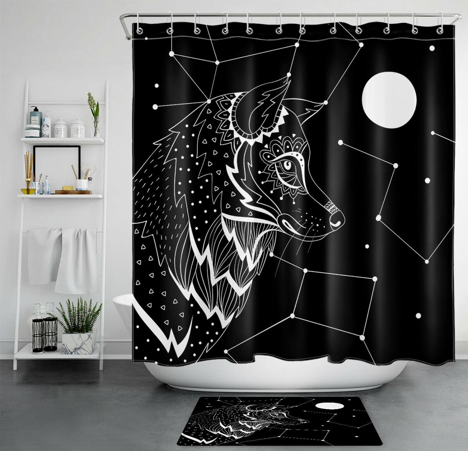 Full Moon And Wolf Constellation Shower Curtain For Bathroom