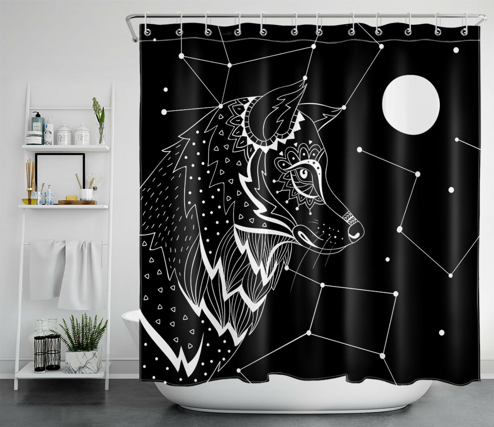 Full Moon And Wolf Constellation Shower Curtain For Bathroom - Image 2