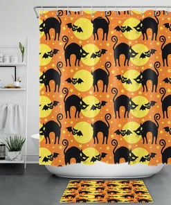 Full Moon Black Cat And Bat Shower Curtain - Eerie Halloween Decor