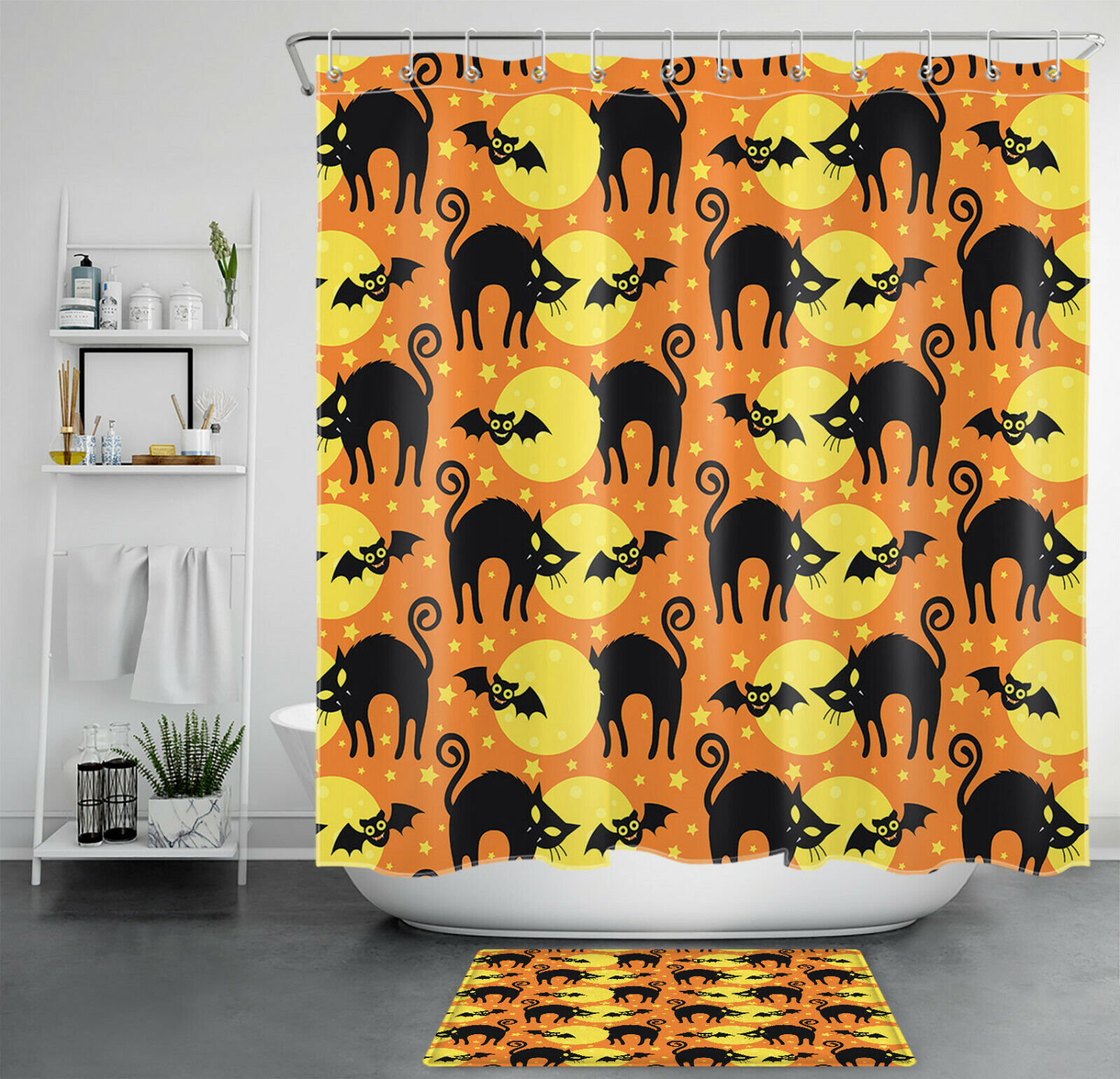 Full Moon Black Cat And Bat Shower Curtain - Eerie Halloween Decor